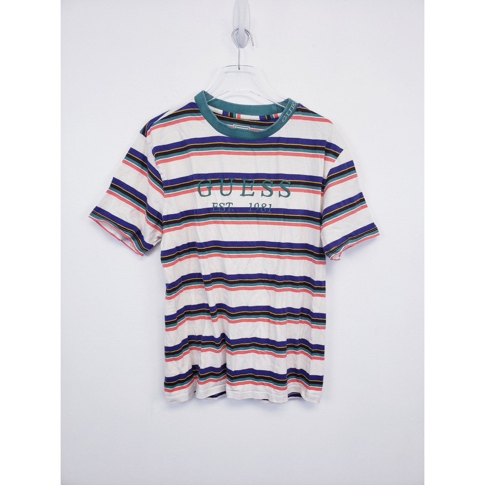 Vintage GUESS T-Shirt White Striped Embroidered Logo Men's Size Medium